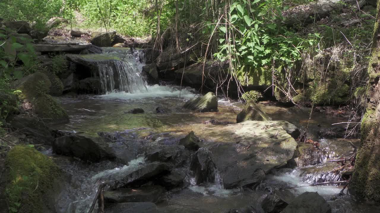 夏季自然景观与瀑布的声音和森林溪流在绿色的山视频素材