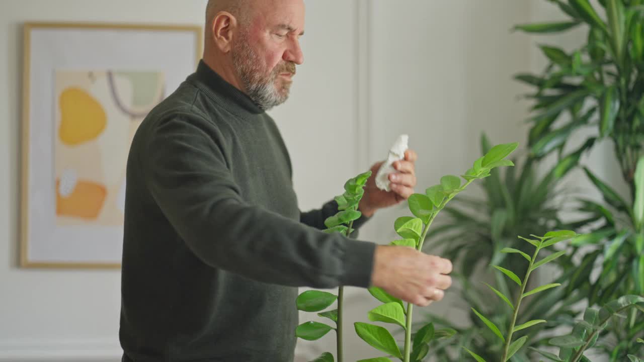 成熟的男人在培育他的植物视频素材