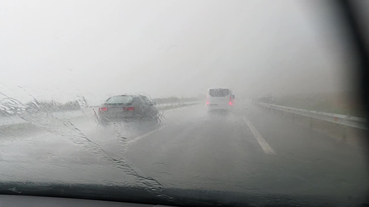 车的观点行驶在下雨的公路和挡风玻璃雨刷擦雨视频素材