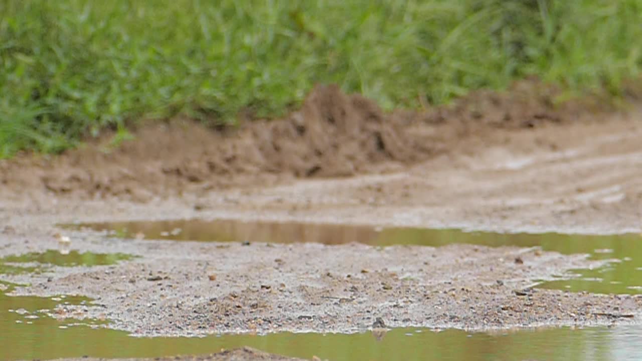 在大雨后的砾石路上行驶缓慢。视频素材