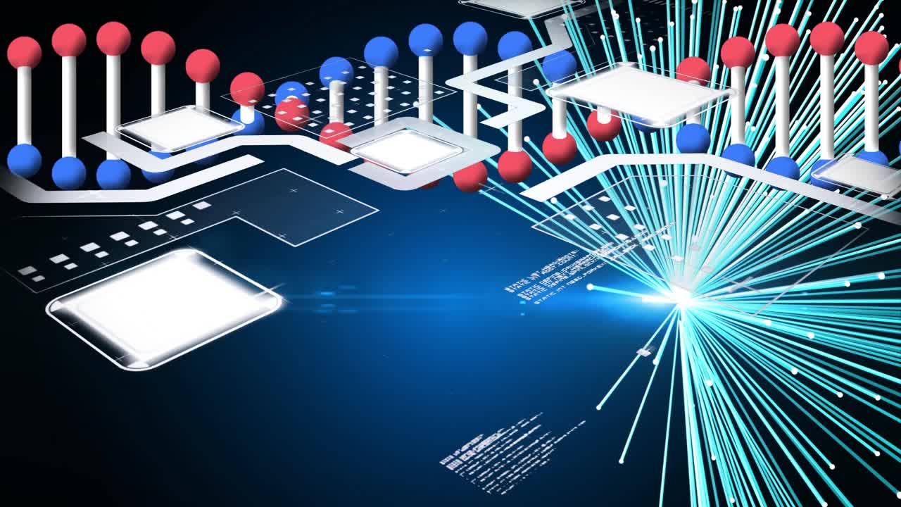 动画dna链，挂锁和数据处理的蓝色线在黑色的背景视频素材