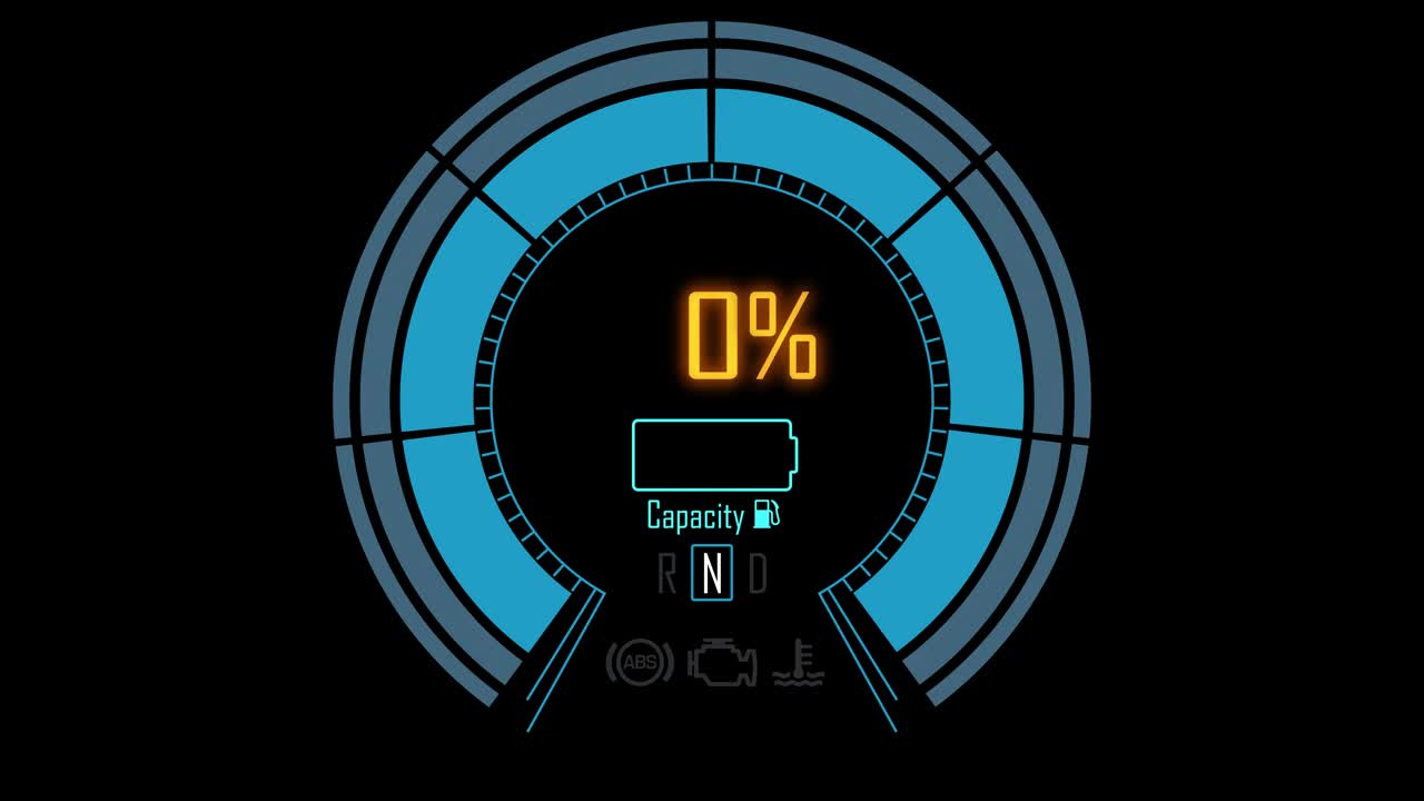 电动汽车仪表盘显示。电动汽车充电显示充电进度。视频素材