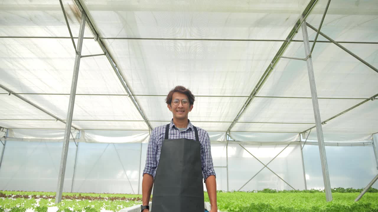 亚洲男性农民在现代水培蔬菜温室农场成功地看着相机幸福的肖像。视频素材