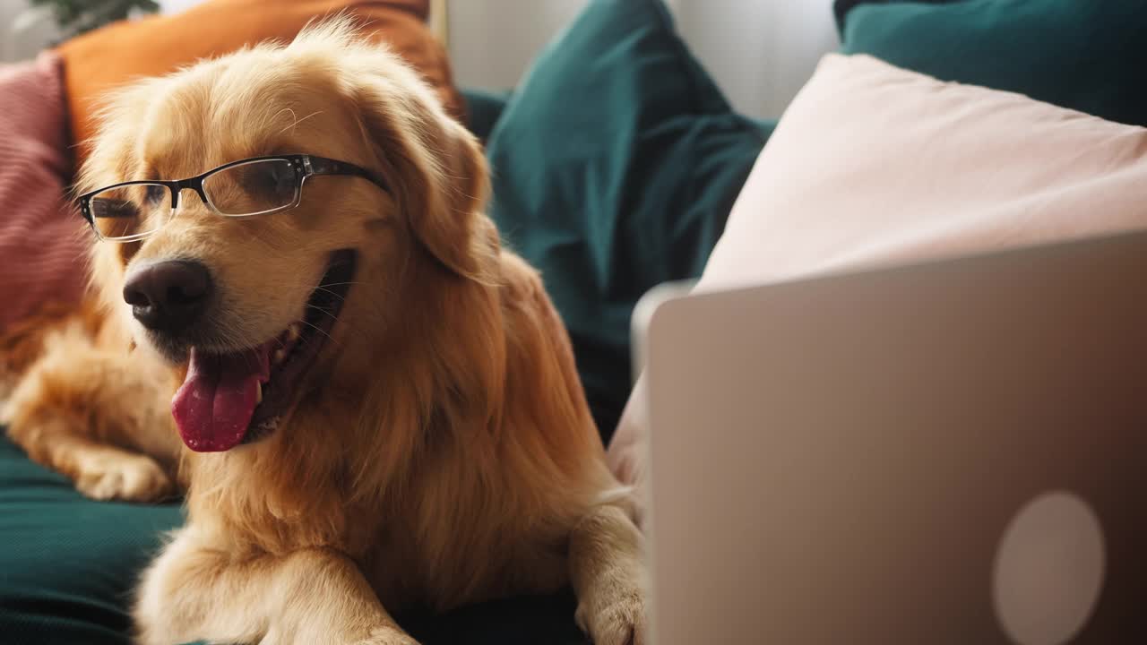 金毛猎犬戴着眼镜，躺在客厅沙发上，用笔记本电脑在宠物店网上购物，送动物食品的特写。狗躺在电脑前等待命令视频素材