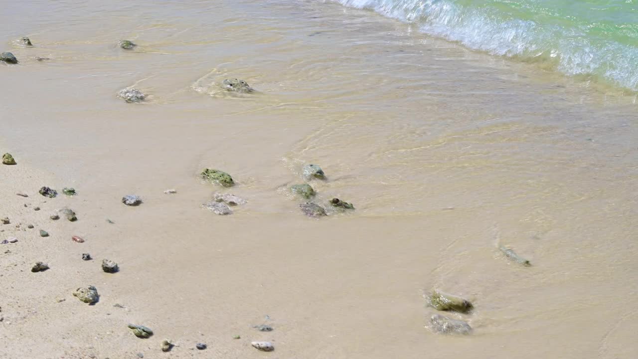 柔软的波浪与蓝色的海洋在沙滩上。视频素材