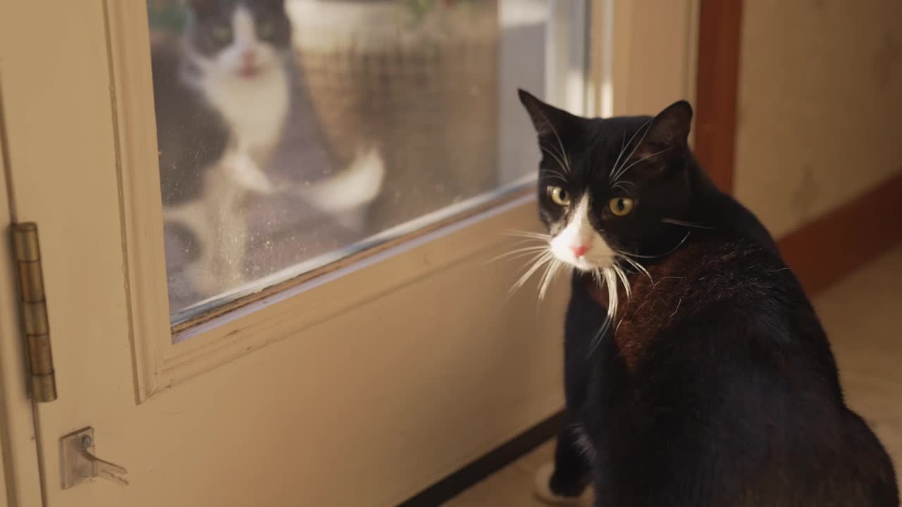 室内的猫和室外的猫隔着门互相凝视视频素材