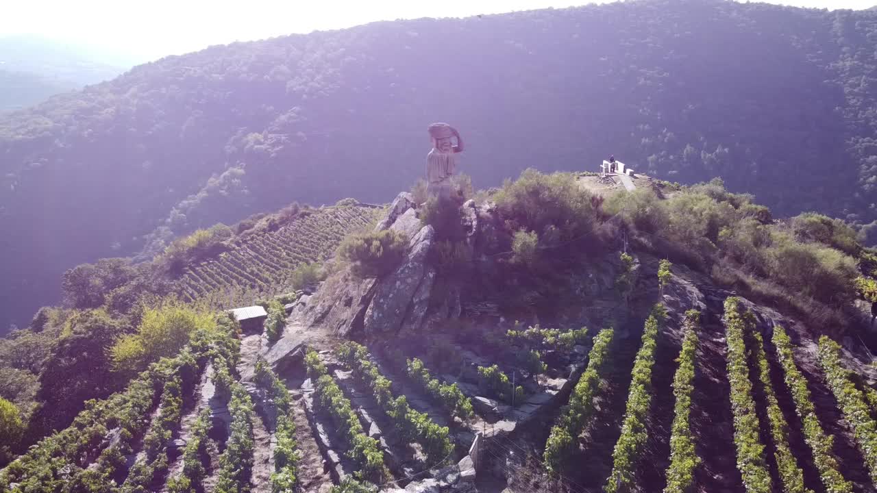 Ribeira Sacra，沿着希尔河的葡萄园种植梯田和葡萄收获者的贡品纪念碑视频下载