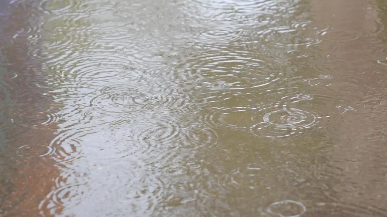 缓慢的运动。雨点落在水坑里。视频素材