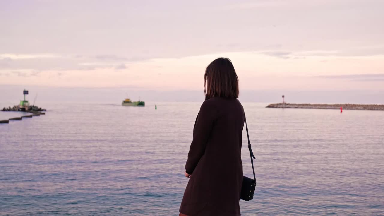 穿着秋衣的年轻女子站在海港码头，对着进港的大型集装箱船驳船挥手视频素材