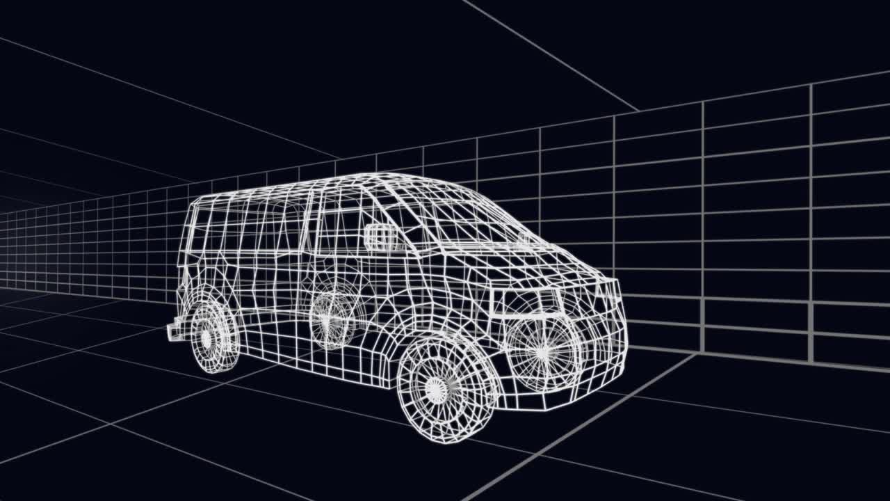 在货车和网格的三维绘图模型上制作时钟和人脑的动画视频素材