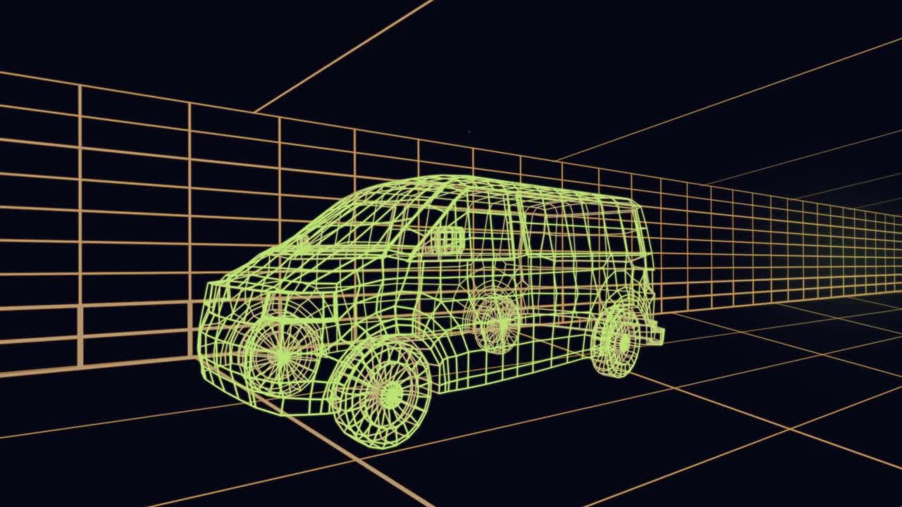 动画时钟快速移动的三维绘图模型的货车和网格视频素材
