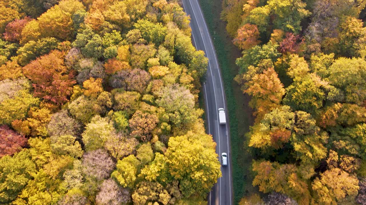 卡车行驶在被森林包围的高速公路上，鸟瞰图视频素材