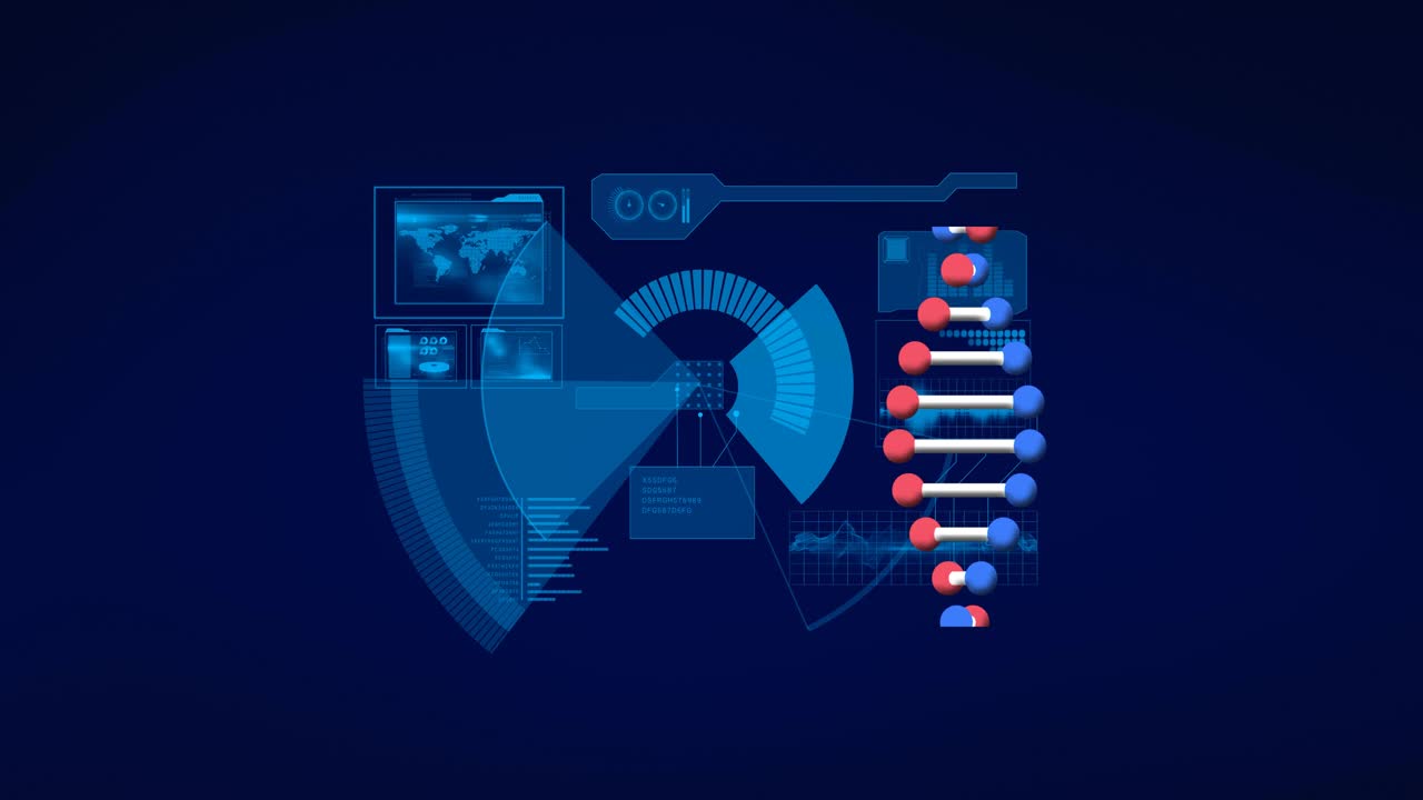 动画数字界面与数据处理和旋转dna链在黑暗的背景视频素材