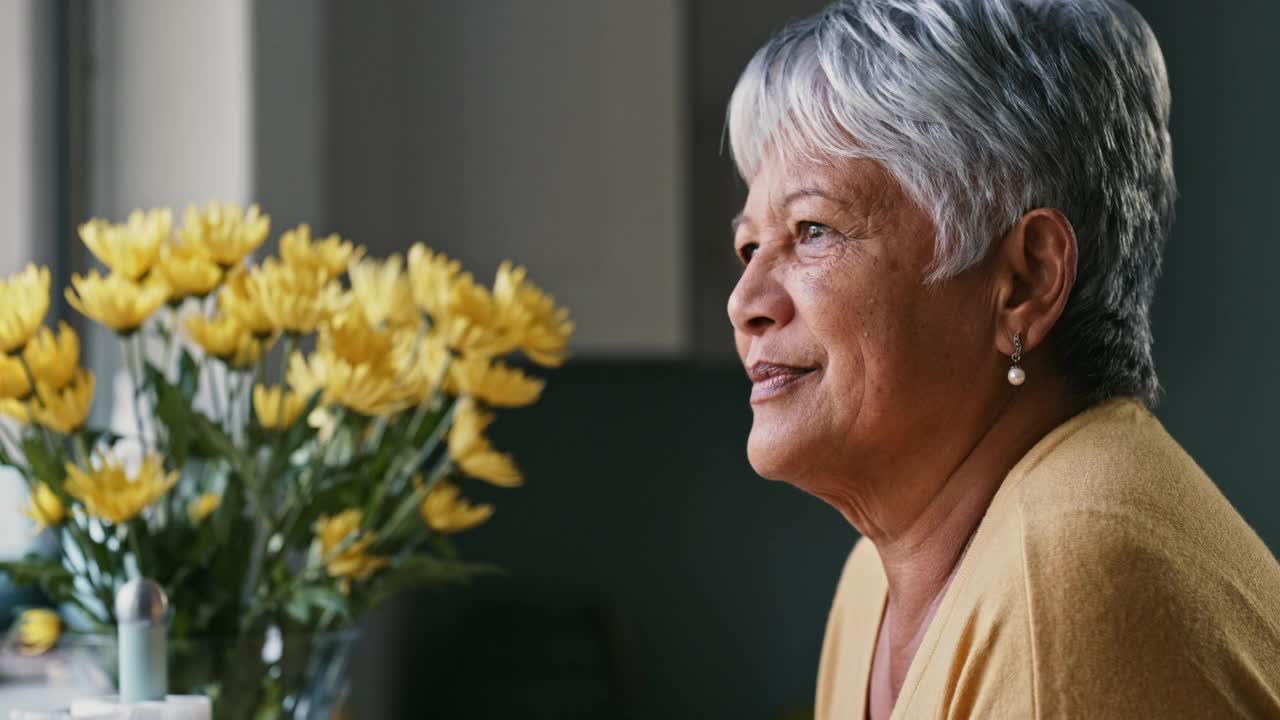 一段4k视频，视频中一位资深女性凝视着家里的窗外，若有所思视频素材