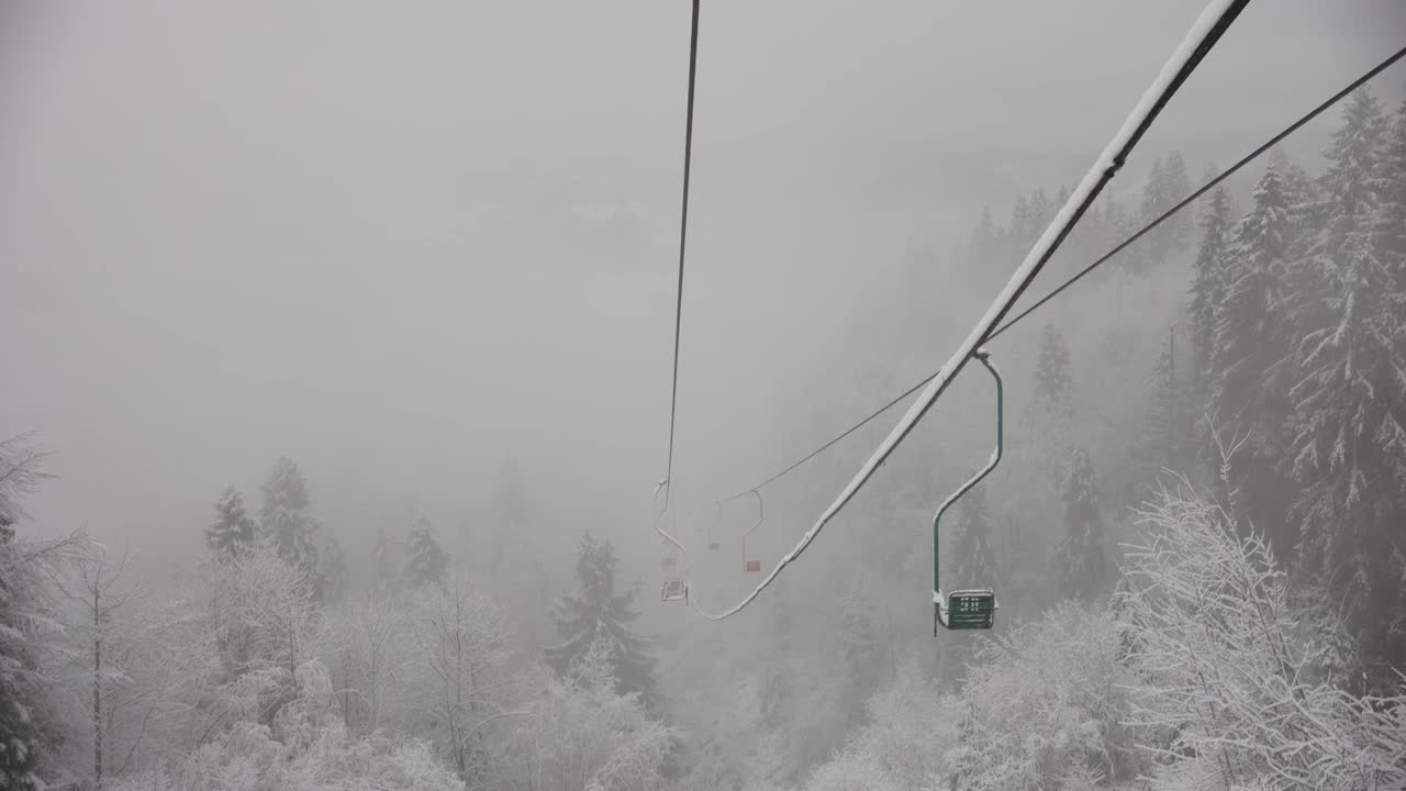 冬天的景色，雪松森林的景色和山上的滑雪缆索视频素材