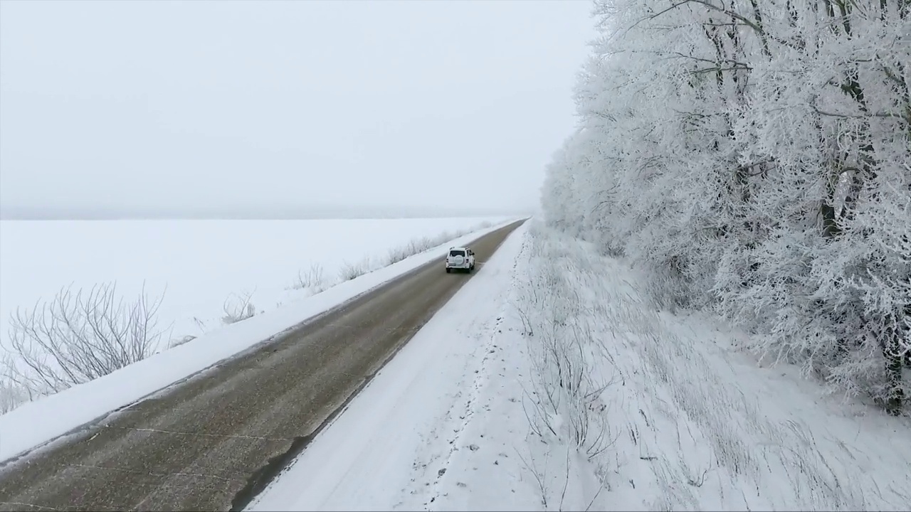 冬天，一辆白色的汽车行驶在笔直的道路上，旁边是白雪覆盖的树木视频素材