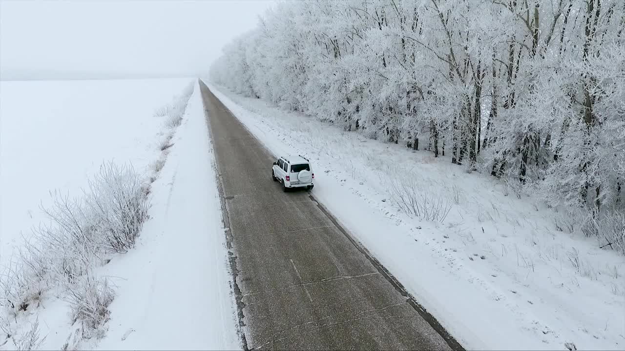 一辆白色的汽车在冬天沿着笔直的道路行驶，旁边是积雪覆盖的树木。地平线上能见度很低。视频素材