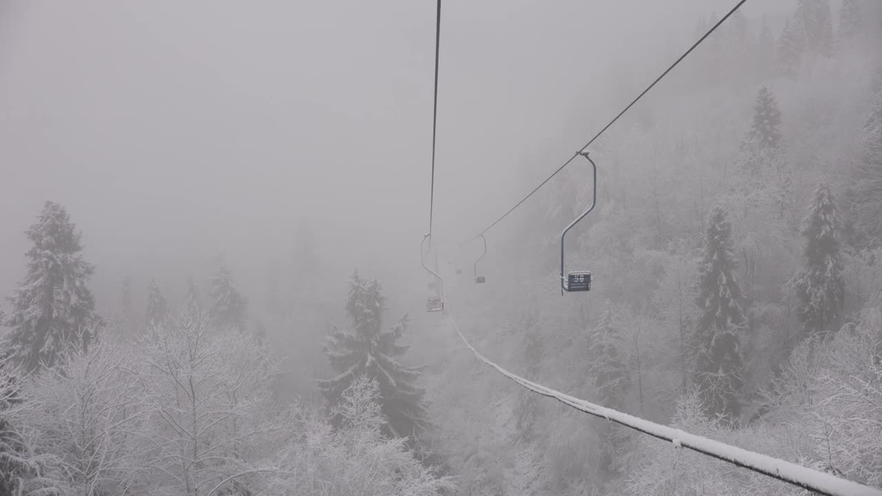 冬天的景色，雪松森林的景色和山上的滑雪缆索视频素材