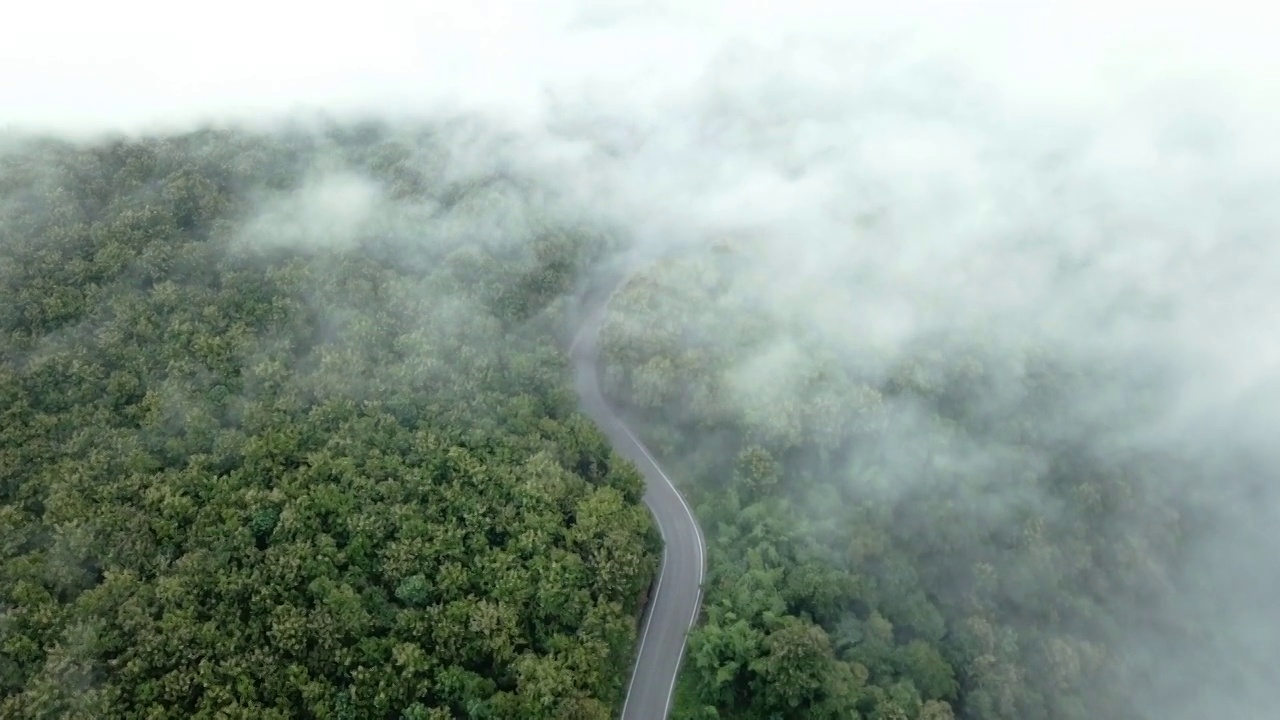 鸟瞰图公路穿过覆盖着雾的山在冬季。视频素材