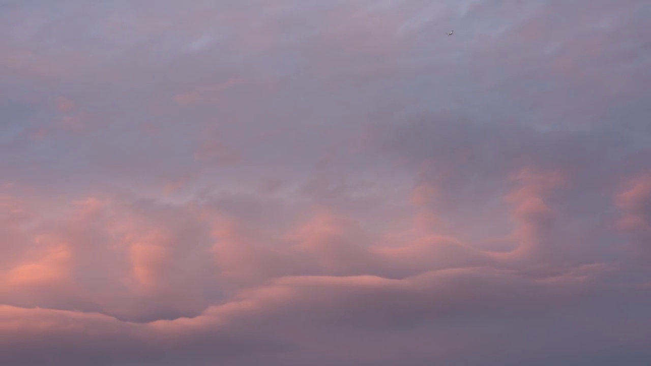 高空气，天国的大气。彩色cloudscape自然背景4k解决方案镜头。蓬松的云夕阳色。日出的阳光照在云上。粉红紫色粉彩抽象天空美丽的光视频素材