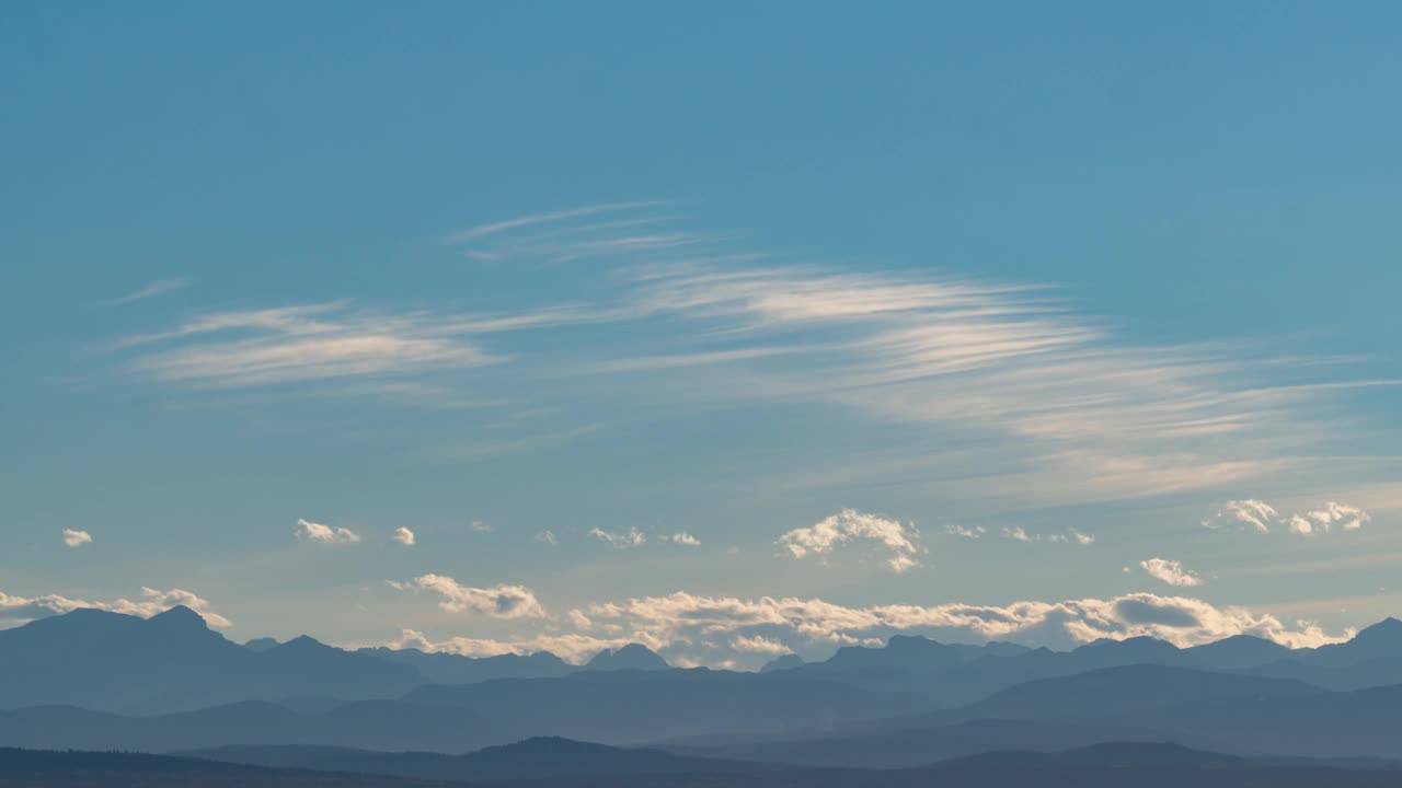 天气预报说蓝天多云。延时全景山景图。Cloudscape自然4k镜头背景。日落日出北方天空。层层叠叠的山柔和的蓝色b卷风景。视频素材