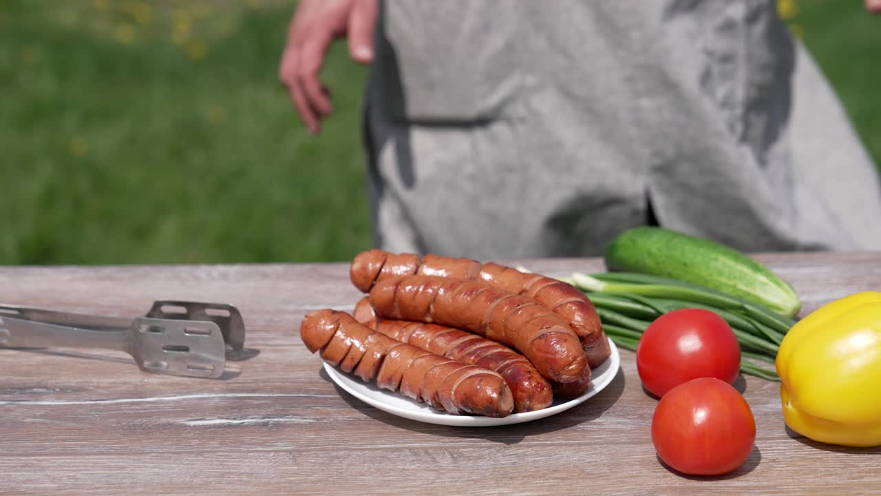 人的手拿着炸多汁的香肠。男人在为野餐准备食物。视频素材