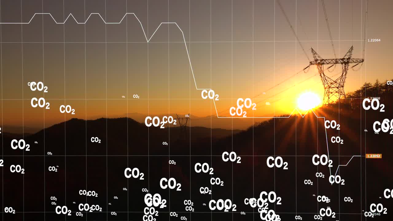 二氧化碳二氧化碳排放全球空气气候污染概念。电力线路。折线图视频素材
