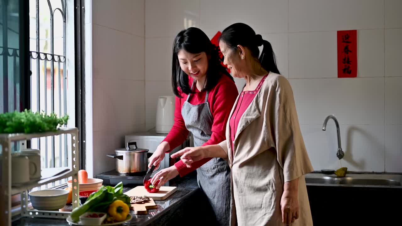 一位亚洲奶奶和她的孙女在为他们的年夜饭准备食物视频素材