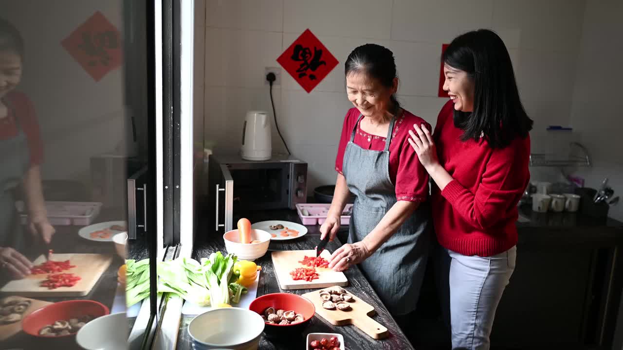 一位亚洲奶奶和她的孙女在为他们的年夜饭准备食物视频素材