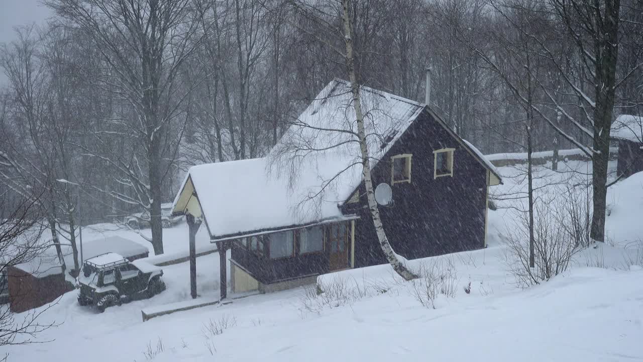 冬季景观与挪威乡村在大雪期间的经典木屋视频素材