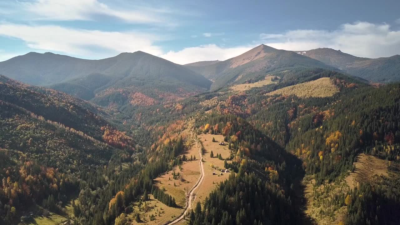 鸟瞰秋山景观，常绿的松树和黄色的秋天森林，远处是壮丽的山脉。视频素材