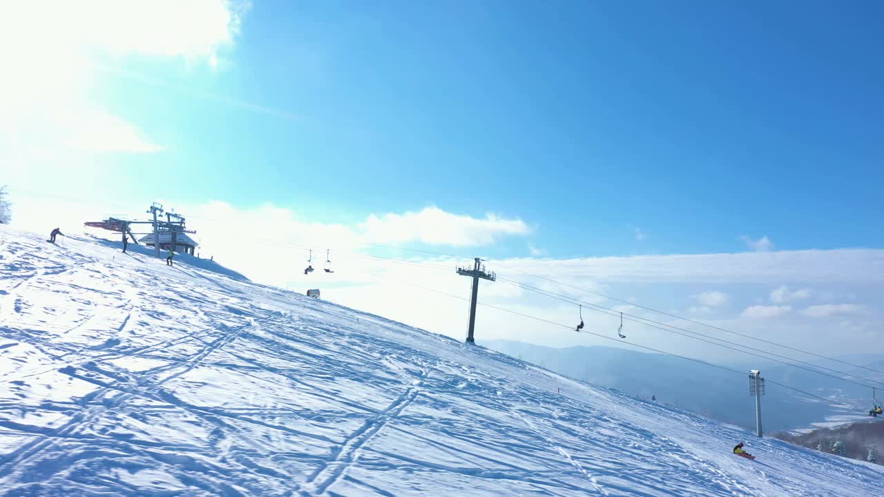 在阳光明媚的冬日早晨，滑雪场滑雪坡的鸟瞰图视频素材