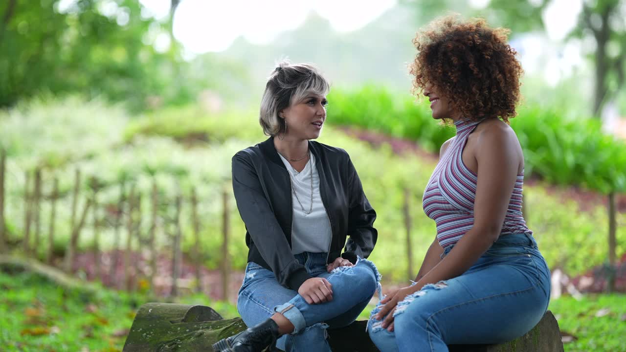 两个不同的女人在公园外面讲话。朋友在谈话视频素材