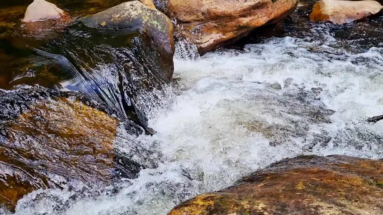 一条湍急的山河从石头上流过。冰冷而清澈的水流过森林。胶片颗粒，焦距不清视频素材