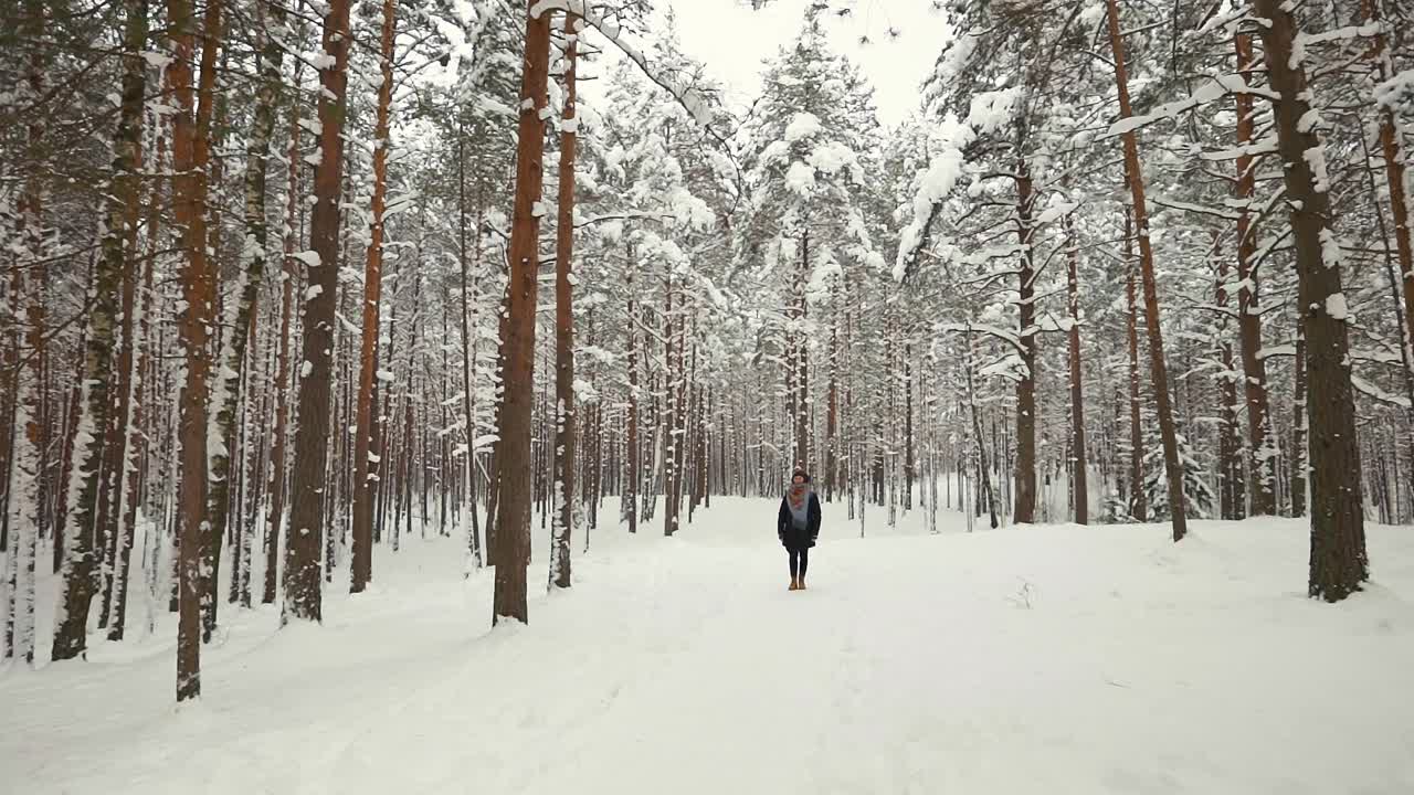 一个年轻的女人走过冬天森林里积雪的松树小巷视频素材