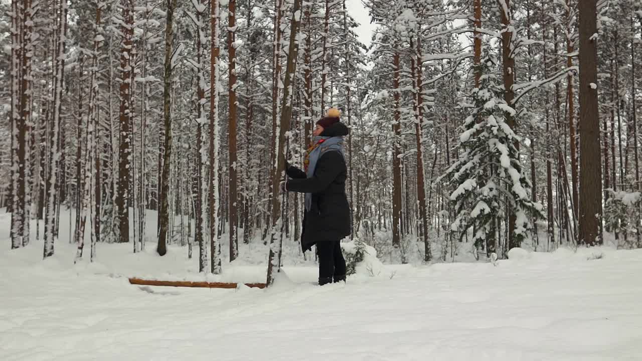 有趣的年轻女子摇晃树和在冬天的森林里被雪覆盖视频素材