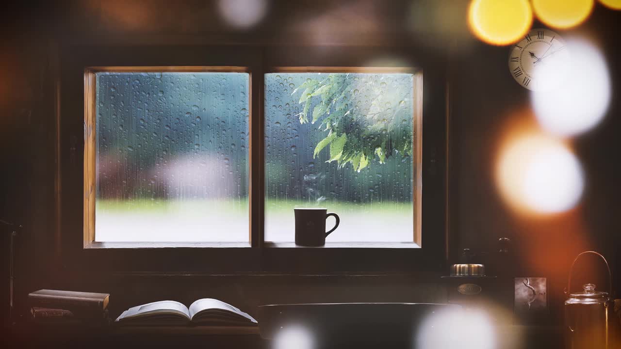 从舒适的咖啡馆里看到的雨景——雨滴从窗边流过)视频素材