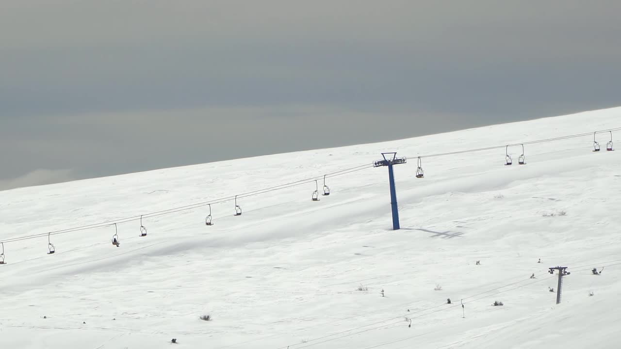 鸟瞰图的雪覆盖Sar山(Sar Planina)和滑雪者在滑雪斜坡上的滑雪胜地波波娃沙普卡在马其顿视频素材