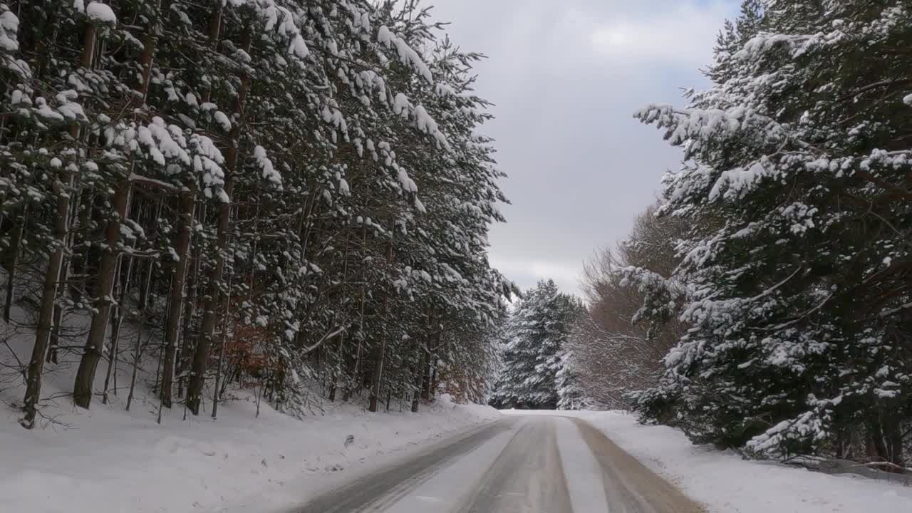 汽车司机POV在大雪纷飞的冬季蜿蜒的山路上，在积雪覆盖的森林树木之间，滑和积雪的条件下行驶视频素材