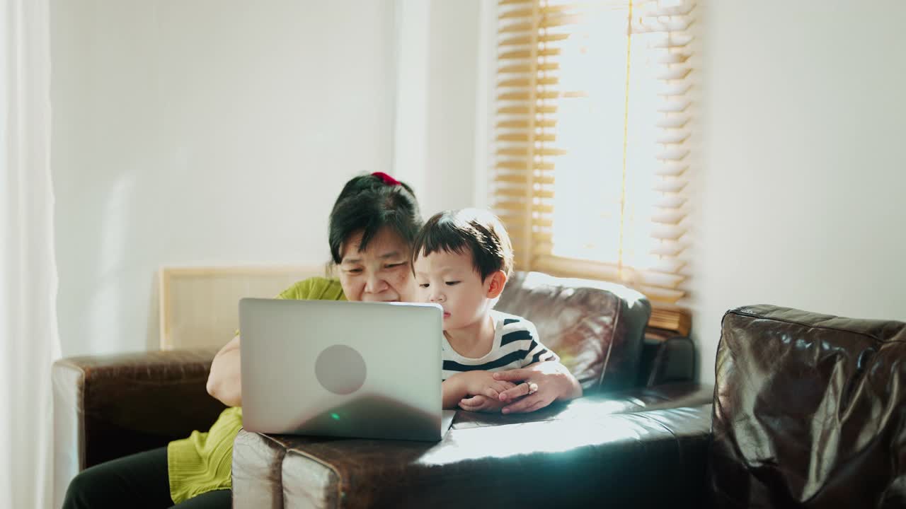 可爱的男孩和年长的女人一起在家里度过闲暇时光。视频素材