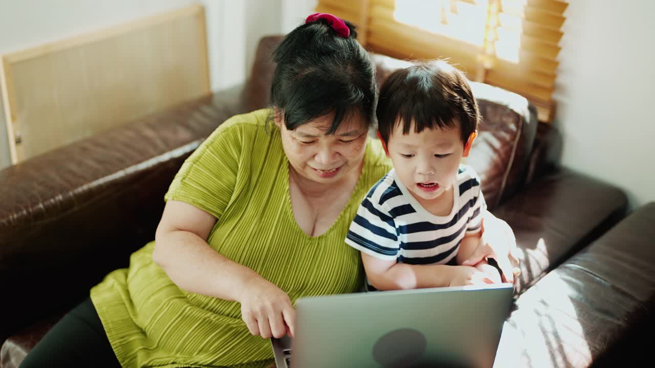 慈祥奶奶陪孙子看网上学习资料。视频素材