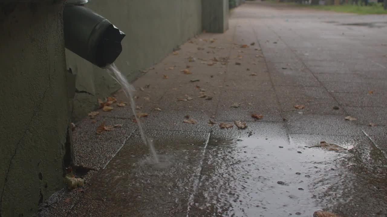 水从管道流出，流到家里的暴雨系统的沥青工作。视频素材