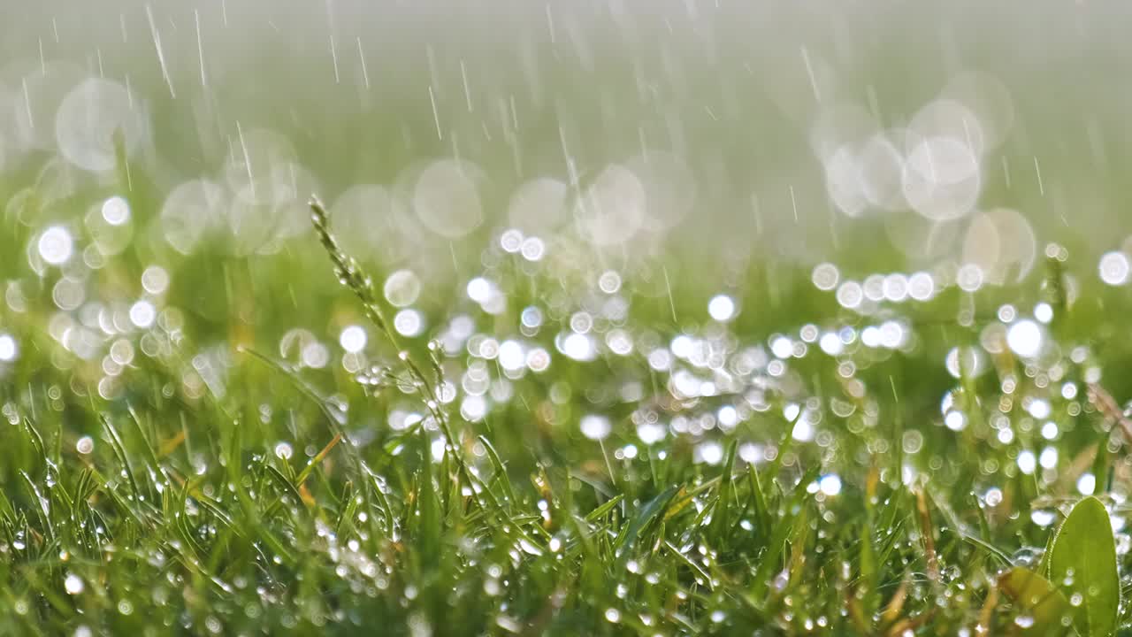 夏天雨滴落在绿色草地上的特写视频素材