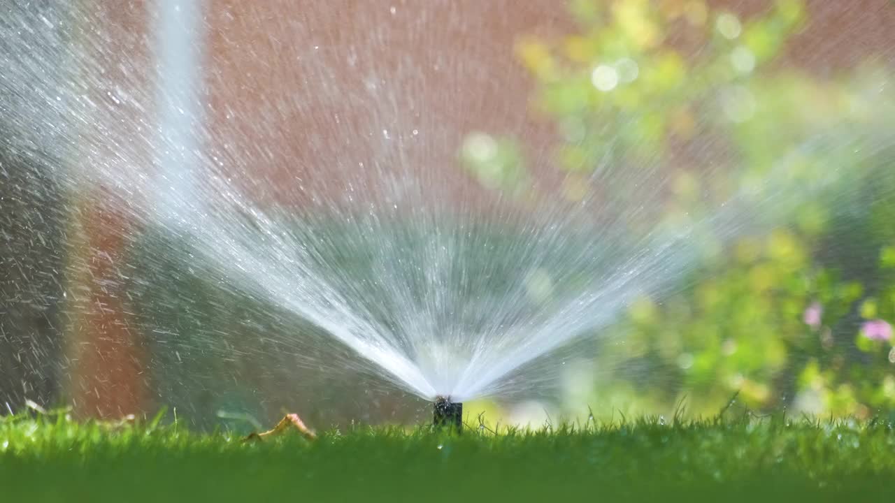 塑料洒水车在夏季花园用水灌溉草坪。在旱季灌溉绿色植被，保持其新鲜视频素材