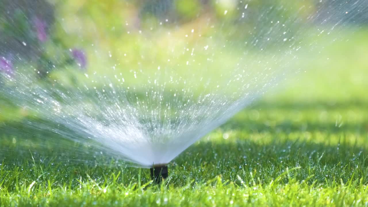 塑料洒水车在夏季花园用水灌溉草坪。在旱季灌溉绿色植被，保持其新鲜视频素材