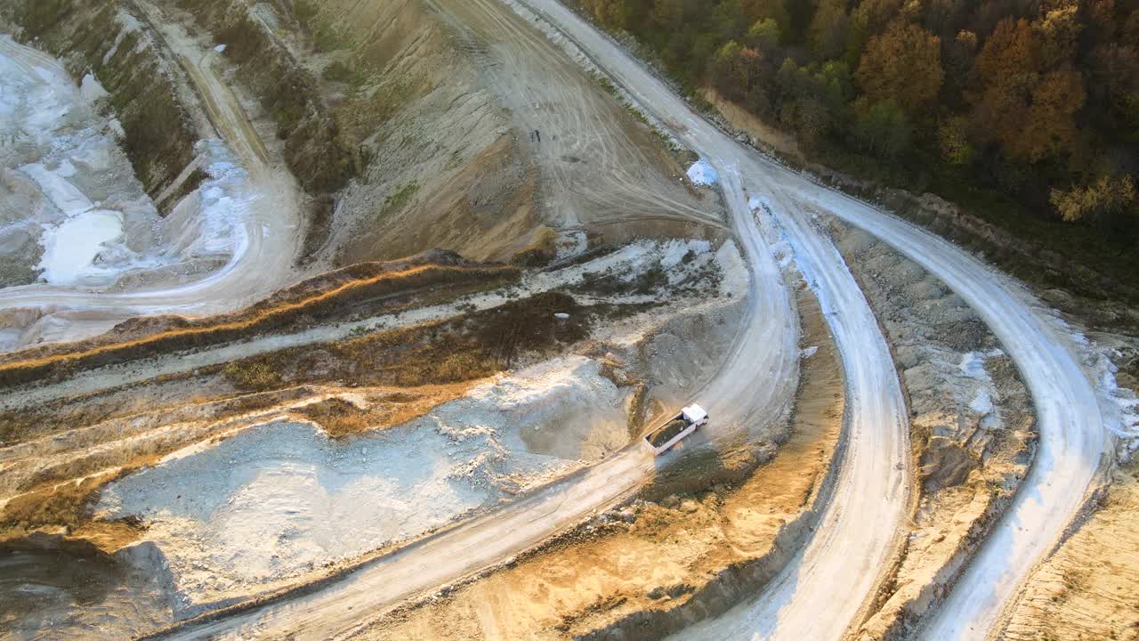 建筑工业用挖掘机和自卸卡车用砂岩材料露天矿山鸟瞰图。重型设备用于采矿和生产有用矿物的概念视频素材