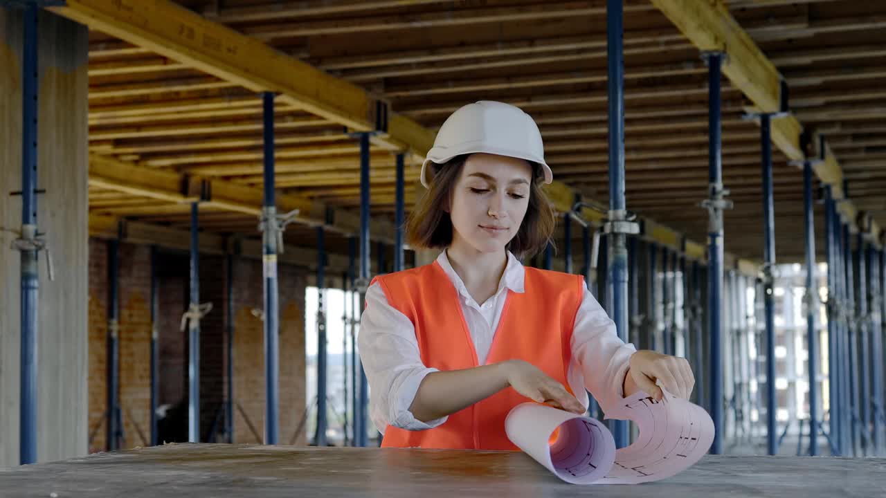 建筑师或工程师在施工现场室内工作，浏览建筑工程及设计图。女性建筑工程师或建筑师劳动人民。视频素材