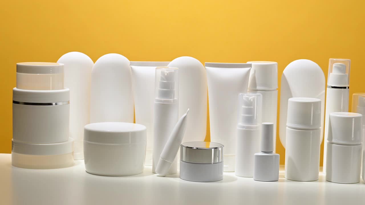罐子，瓶子和黄色背景上的化妆品白色空塑料管。包装霜，凝胶，血清视频素材