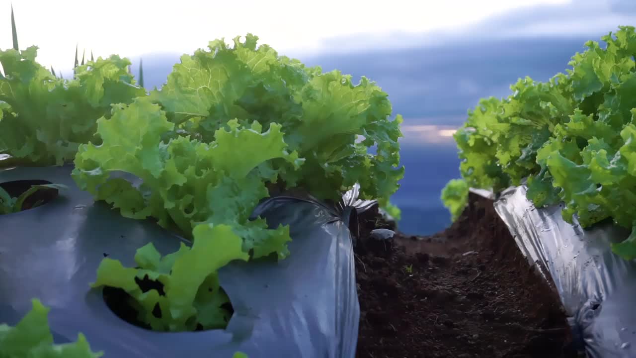 山上的蔬菜种植园在早晨种下了看起来很新鲜的莴苣，上面还挂着露珠视频素材