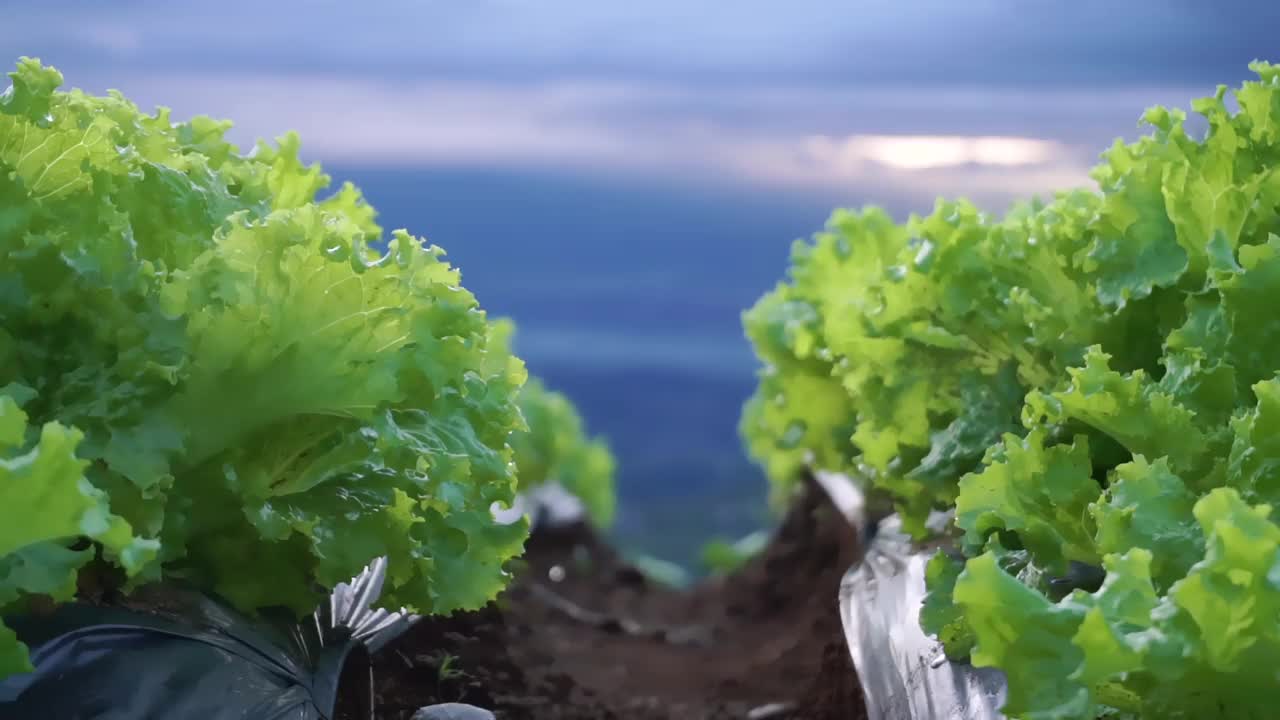 山上的蔬菜种植园在早晨种下了看起来很新鲜的莴苣，上面还挂着露珠视频素材